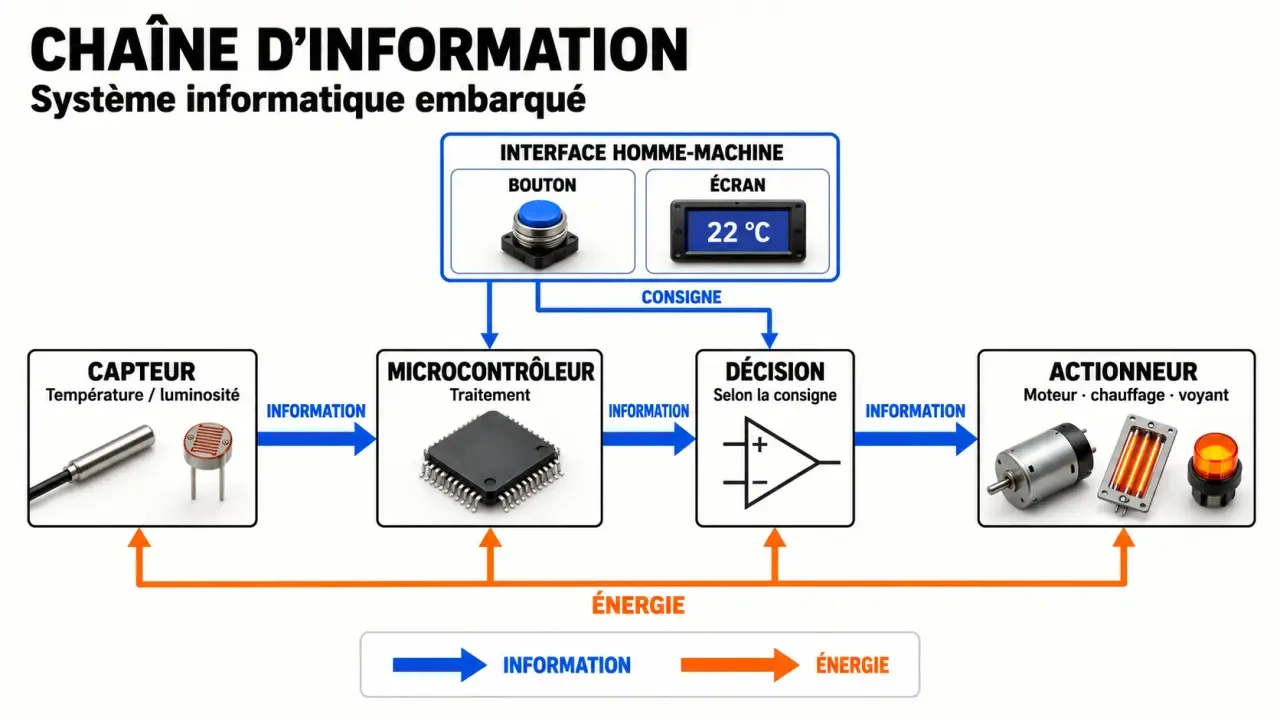 Schéma de la chaîne d'information en informatique embarquée et objets connectés, du capteur à l'actionneur