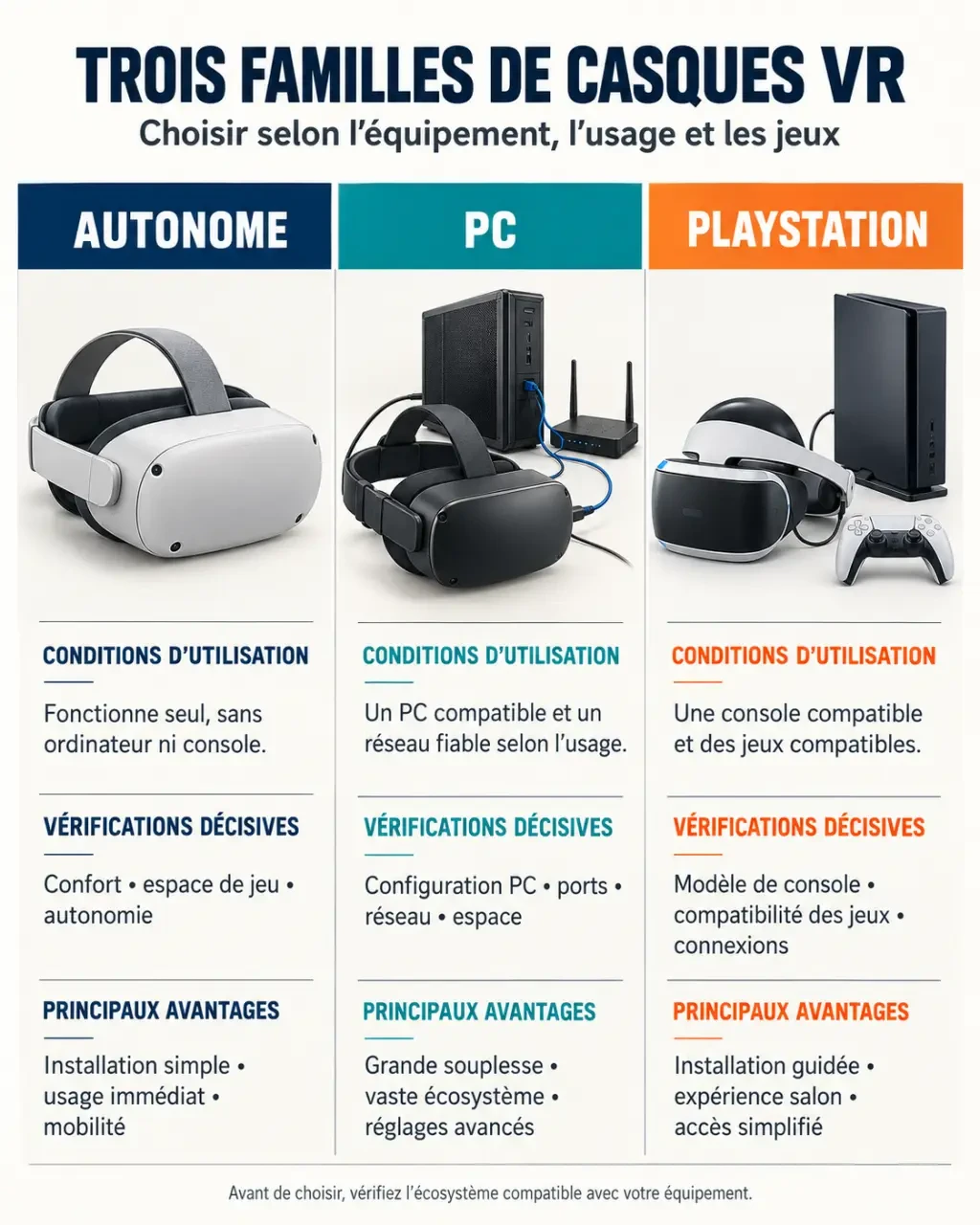 Infographie pour choisir un casque réalité virtuelle autonome, PC ou PlayStation