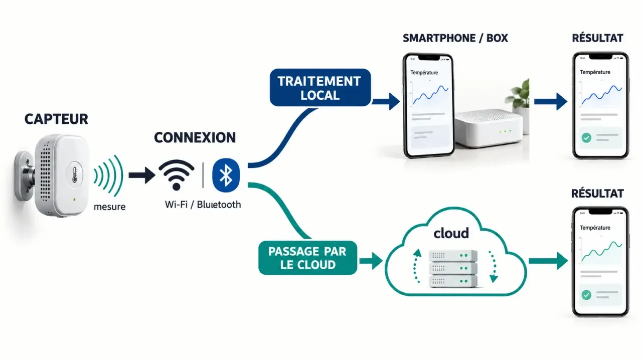 Schéma du fonctionnement des objets connectés, du capteur au smartphone et au service Internet