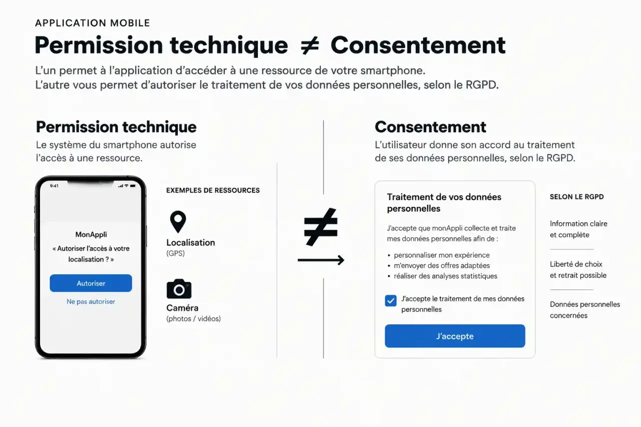 Schéma de la différence entre permission et consentement dans les applications mobiles