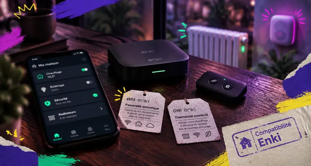 Objets connectés compatibles avec Enki : passerelle, smartphone et étiquettes produit